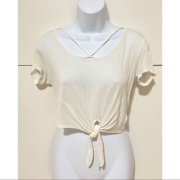 💜Forever 21 Cropped White Tied Front Tee Size Medium - Picture 1 of 7